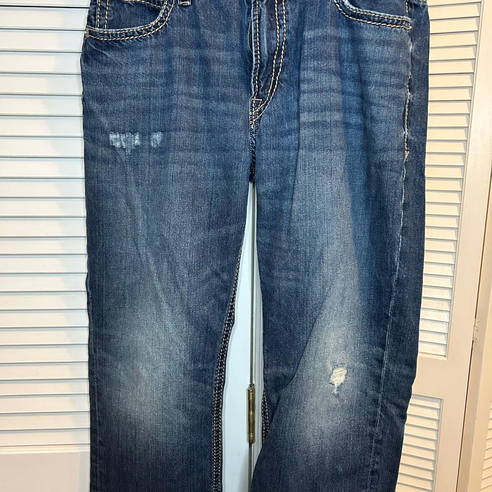 Express Blue Blake Loose Fit Straight Leg Distressed Jeans